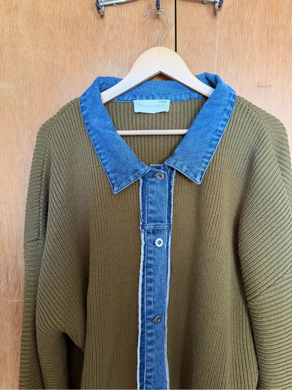 French Mauve Olive Rib-Knit Button Front Sweater - Picture 4 of 5